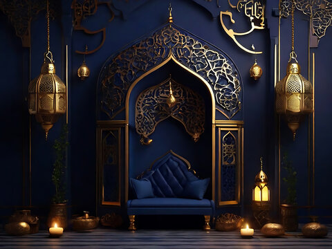 Elegant dark blue mihrab backdrop adorned with golden lantern