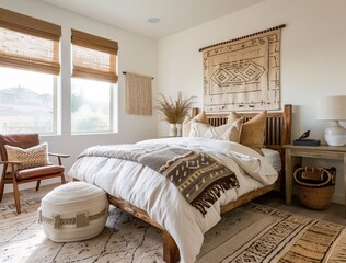 Bedroom with a touch of bohemian style A cozy bed with a blanket, a chair, and a decorative rug Generative AI