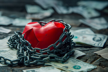 A conceptual image showing a red heart chained symbolizing the idea of love being trapped or bounded by money's influence
