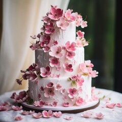 Fototapeta na wymiar Default Wedding cake adorned with pink flowers a sweet celebra