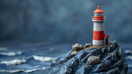 A clay style model of a classic lighthouse on a rocky coast