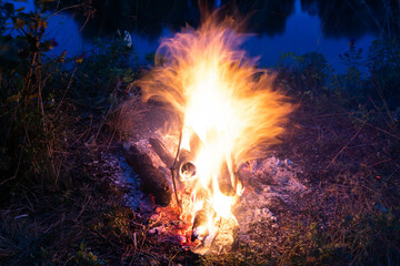 Bonfire, fire, smoke on a background of nature.