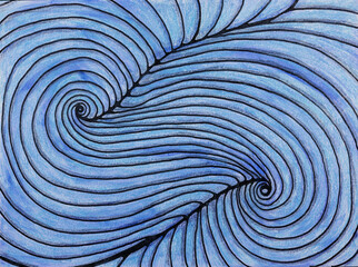 .Swirl in the ocean black line with blue background. The dabbing technique near the edges gives a soft focus effect due to the altered surface roughness of the paper.
