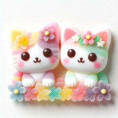 a cute couple cat with flowers made of pastel color rainbow gummy candy on a white background