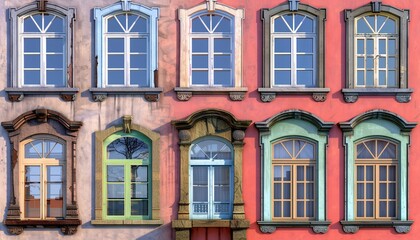 Fototapeta na wymiar Five Windows in a Row A Colorful Display of Architectural Design Generative AI