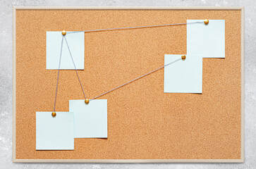 Blank paper notes are pinned to a cork board. The concept of detective investigation or training