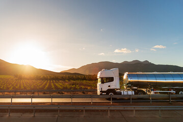 Truck with a food tanker driving next to a field of vineyards with the sun rising between the mountains, side view. - obrazy, fototapety, plakaty