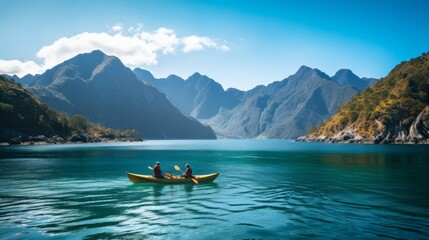 A couple in a yellow kayak paddle on a lake surrounded by mountains - obrazy, fototapety, plakaty