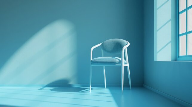 Minimalist Blue Chair in Sunlit Room with Blue Walls and Flooring
