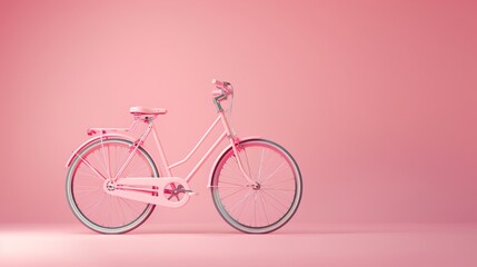 Pink vintage bicycle standing against a matching pink background
