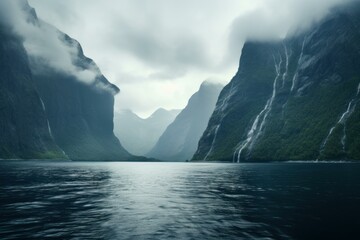 Majestic Norwegian fjord. Lake water europe. Generate Ai - obrazy, fototapety, plakaty