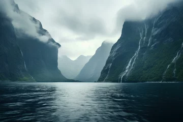 Foto auf Acrylglas Antireflex Nordeuropa Majestic Norwegian fjord. Lake water europe. Generate Ai