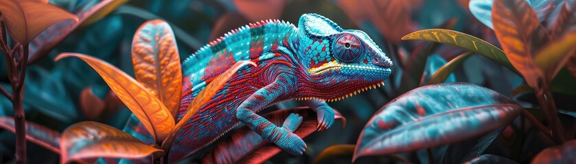 Showcasing its unique ability to adapt and camouflage, a vividly colored chameleon adeptly blends into the rich foliage. - obrazy, fototapety, plakaty