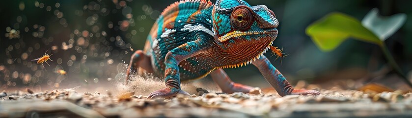 A chameleon in pursuit of an insect, showcasing its vibrant colors and impressive hunting skills in its natural environment. - obrazy, fototapety, plakaty