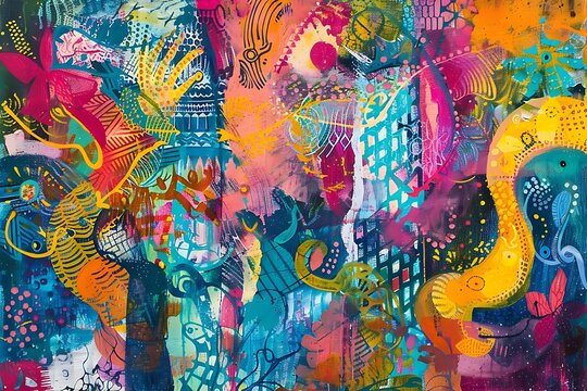 : A lively abstract painting with a mix of bright colors and intricate patterns
