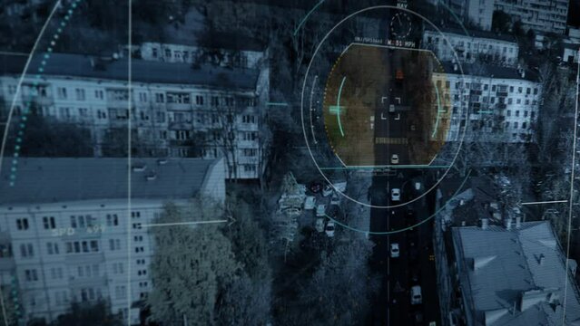 Military spying software. The Military Drone is Flying above the City. Tracking the Location of the Suspect. The Military Drone has identified the Wanted White Vehicle on the Road. Data Processing.