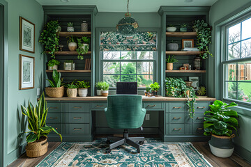 Serenity at Work: Hunter Green Office Oasis with Botanical Accents