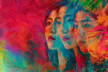 superposition en fondu, moderne et coloré, de 3 visages de femmes asiatiques ou des îles du pacifique. Fond abstrait coloré avec espace négatif copy space. Journée de la femme 8 mars - obrazy, fototapety, plakaty