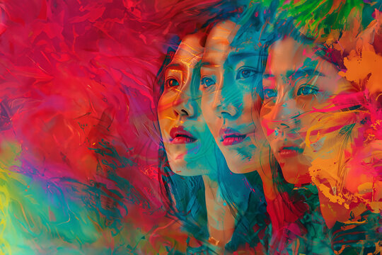 superposition en fondu, moderne et coloré, de 3 visages de femmes asiatiques ou des îles du pacifique. Fond abstrait coloré avec espace négatif copy space. Journée de la femme 8 mars