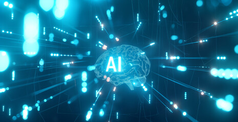 Neon AI Brain Network Concept Illustration - obrazy, fototapety, plakaty