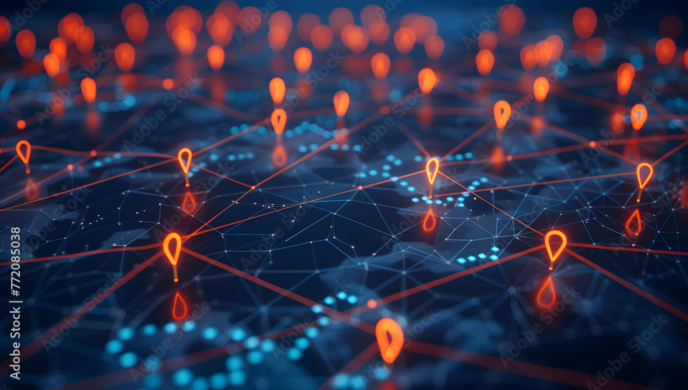 Aufkleber a digital map featuring interconnected location pins, symbolizing global network connectivity and ge