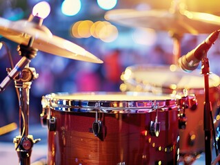 Naklejka premium Drum closeup, summer music event, stage lights, sharp detail, crowd blur, text space