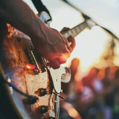 Electric guitar closeup, summer gig, stage flare, sharp focus, crowd out of focus, side space