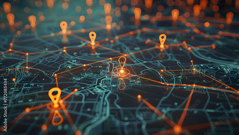 Aufkleber a digital map featuring interconnected location pins, symbolizing global network connectivity and ge