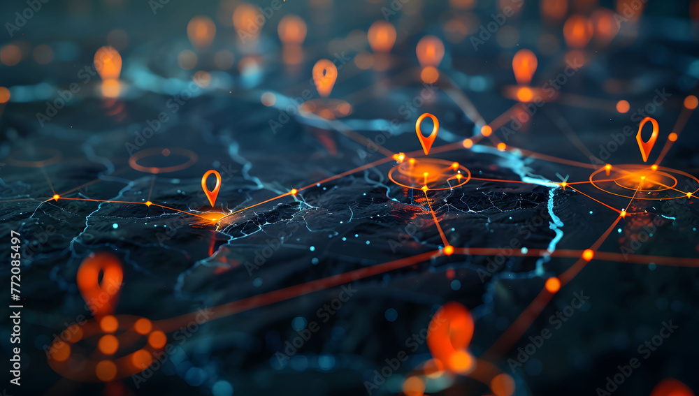 Poster a digital map featuring interconnected location pins, symbolizing global network connectivity and ge