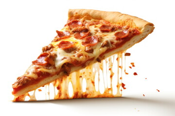 slice of pizza flying on white background