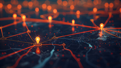A digital map featuring interconnected location pins, symbolizing global network connectivity and geographic information technology. Concept of global connections and geolocation maps for business. - obrazy, fototapety, plakaty