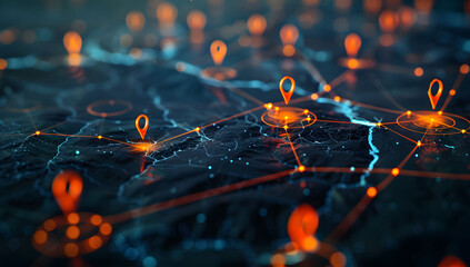 A digital map featuring interconnected location pins, symbolizing global network connectivity and geographic information technology. Concept of global connections and geolocation maps for business. - obrazy, fototapety, plakaty