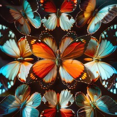 A stunning array of colorful butterflies with wings outspread, set against a dark background to highlight their vivid patterns and colors.