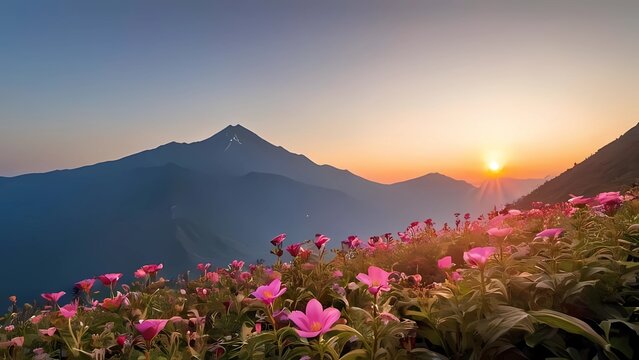 Magic pink rhododendron flowers on summer mountain