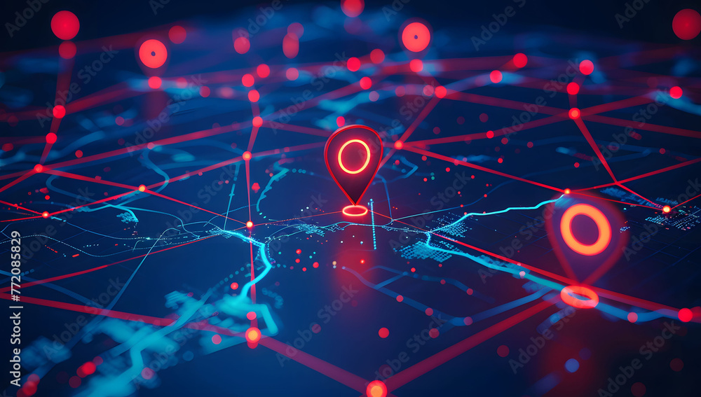 Poster a digital map featuring interconnected location pins, symbolizing global network connectivity and ge
