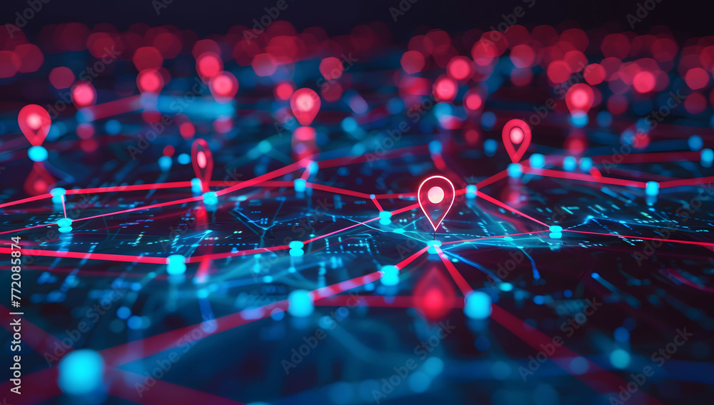 Poster a digital map featuring interconnected location pins, symbolizing global network connectivity and ge