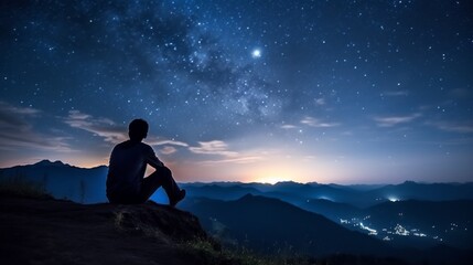 Obraz premium A man is sitting on a mountain top at night, looking up at the stars