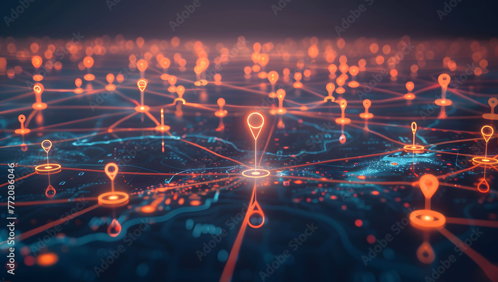 Poster a digital map featuring interconnected location pins, symbolizing global network connectivity and ge