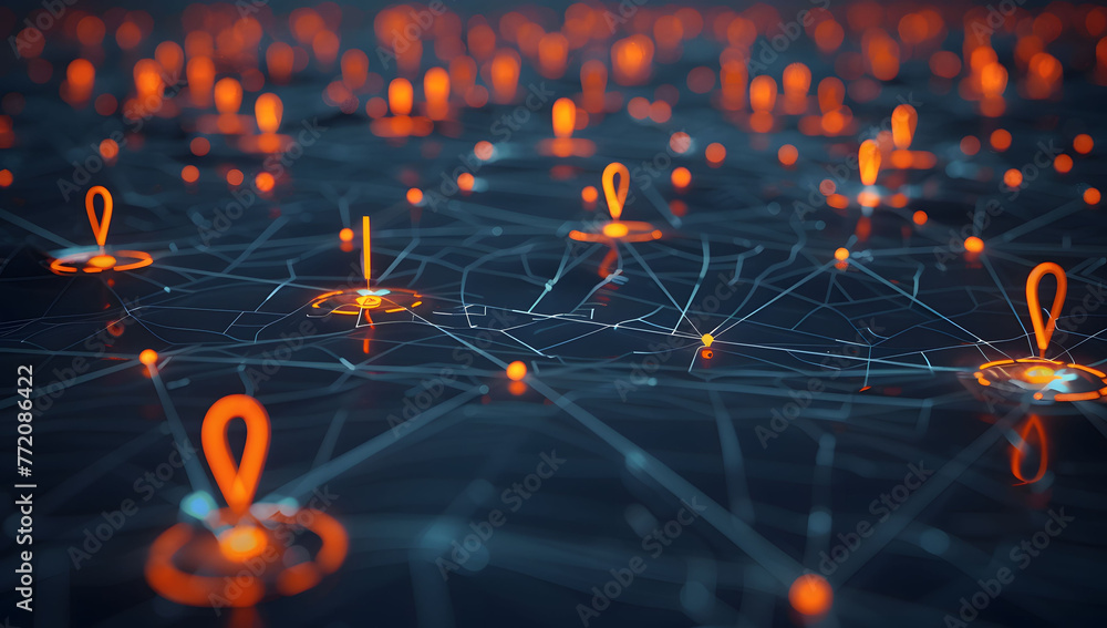 Poster A digital map featuring interconnected location pins, symbolizing global network connectivity and geographic information technology. Concept of global connections and geolocation maps for business.