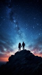 A couple standing on a mountain at night, looking up at the stars