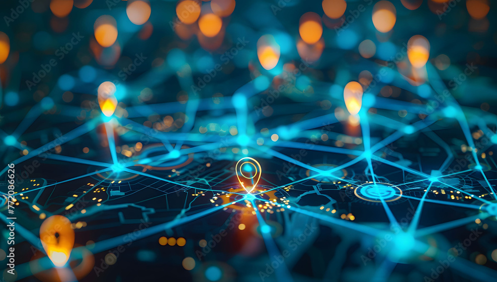 Poster a digital map featuring interconnected location pins, symbolizing global network connectivity and ge