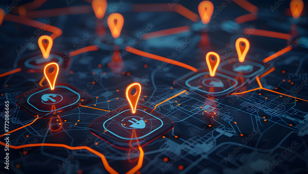 Poster a digital map featuring interconnected location pins, symbolizing global network connectivity and ge