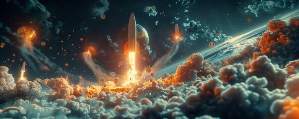 Space rockets launch towards a cosmic horizon powered by the financial energy of flying cryptocurrency coins, symbolizing a high-tech financial future. - obrazy, fototapety, plakaty