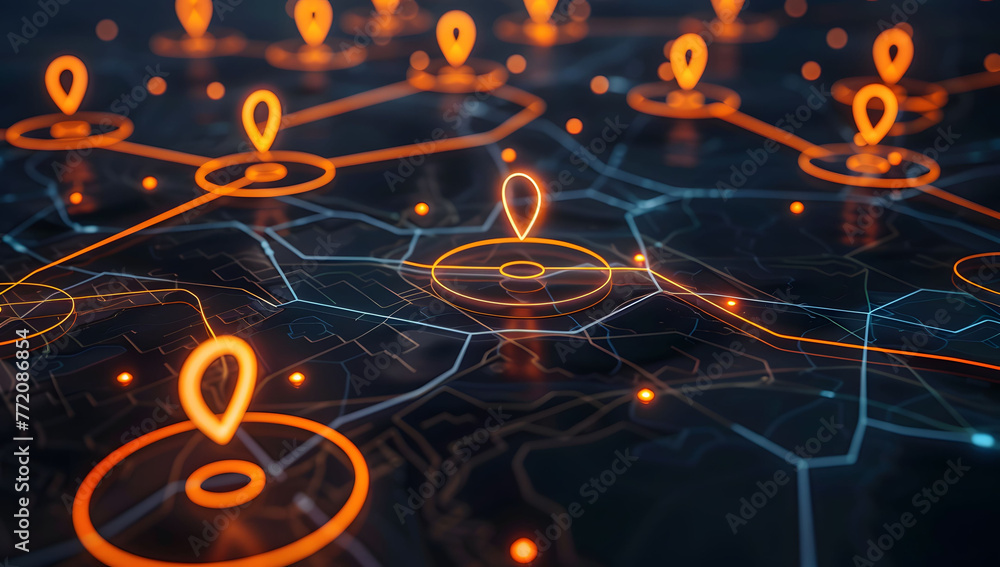 Poster a digital map featuring interconnected location pins, symbolizing global network connectivity and ge