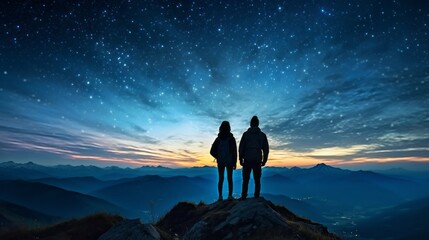 Fototapeta na wymiar Two people standing on a mountain top at night, looking at the stars