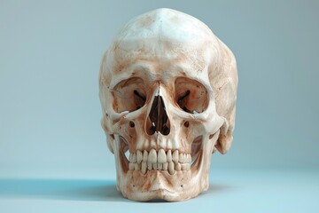 High-quality 3D render of bleached human skull on blue background for medical and artistic projects