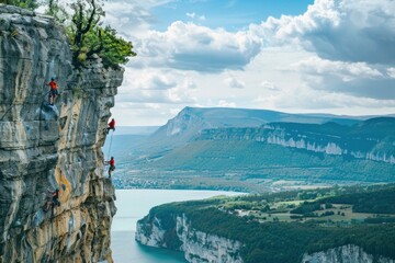 Adventurous rock climbers scaling a cliff against a backdrop of majestic mountains and a serene lake