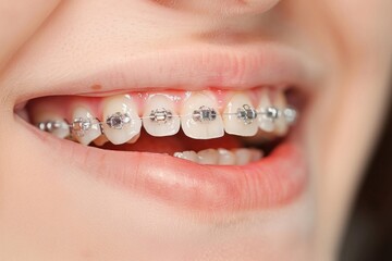 Close-up portrait of a cheerful young woman with dental braces smiling brightly