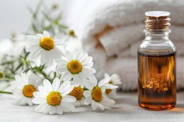 Small bottle of chamomile essential oil and chamomile flowers on white background