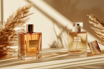 Obraz na płótnie Canvas Two elegant perfume bottles displayed beautifully on a stylish beige backdrop